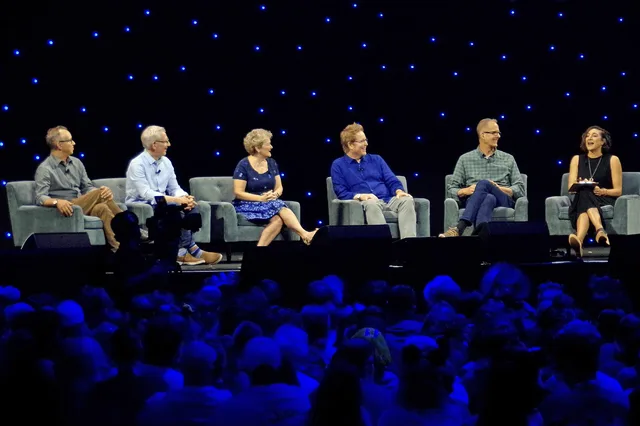 30 Years of Toy Story Panel at D23 2024.jpg · Jonas Rivera, Bob Pauley, Bonnie Arnold, Andrew Stanton, Pete Docter, and Katherine Sarafian discussing "30 Years of Toy Story" at D23: The Ultimate Disney Fan Event on August 9, 2024 at the Anaheim Convention Center in Anaheim, California. Photographed by user Coolcaesar on August 9, 2024. This photo was taken with a bridge camera from about 50 feet away without the benefit of a tripod or any other stabilizer other than the camera's optical image stabilization system (which explains its slightly fuzzy and blurry appearance).