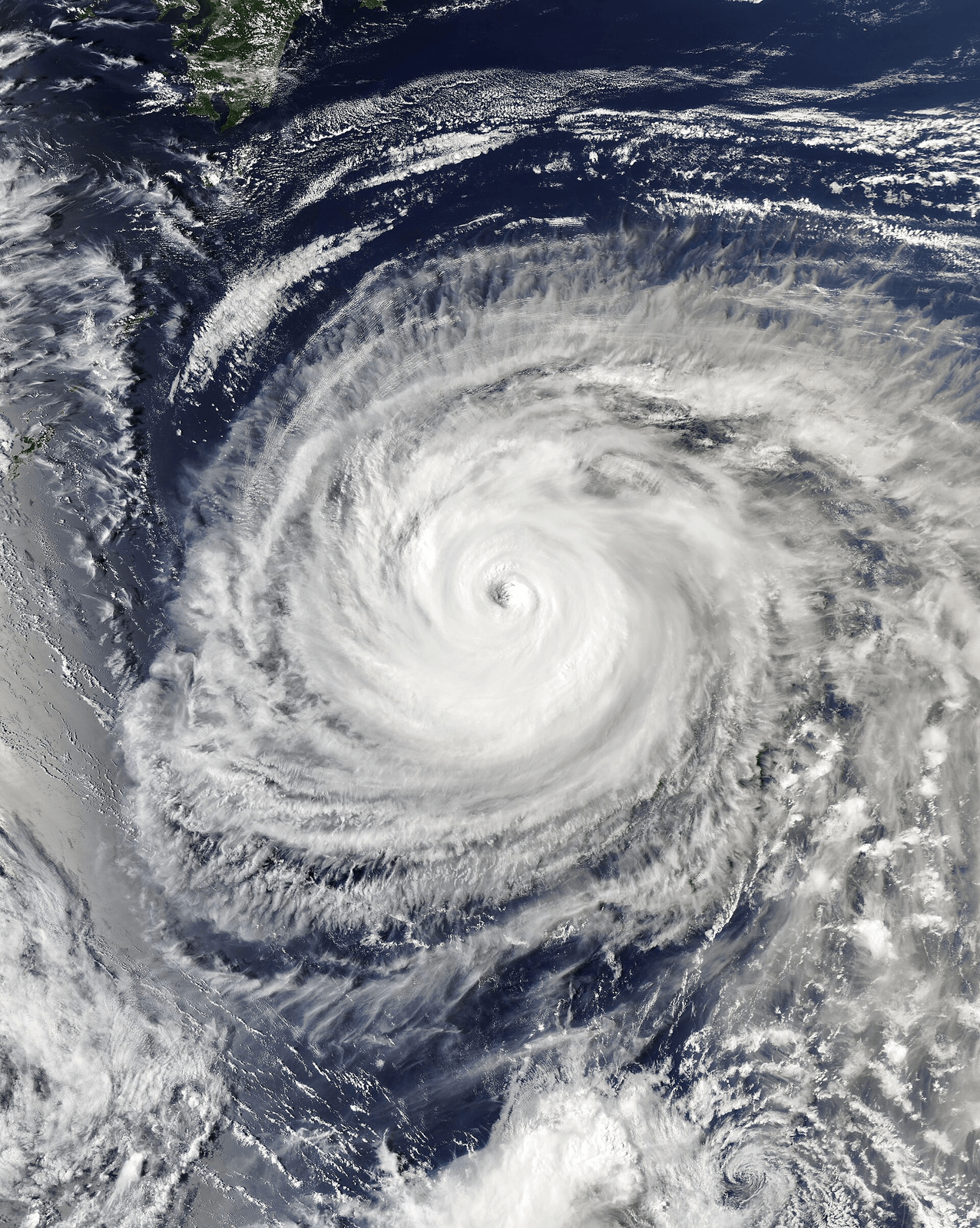 Public-domain satellite image of Typhoon Saudel at peak intensity south of Japan and east of Taiwan on August 24, 2026