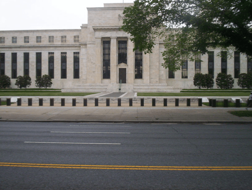 Public-domain image of the entrance to the Marriner S. Eccles Federal Reserve Board Building, the U.S. Federal Reserve headquarters in Washington, D.C.