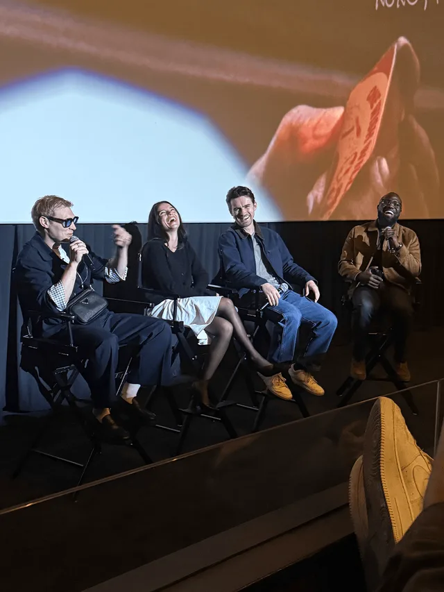 Obsession Q&A 2026 Century City.jpg · Q&A for the film Obsession, 2026, at Century City. Left to right: director Curry Barker, actress Inde Navarrette, actor Michael Johnston, and moderator/TikToker Straw Hat Goofy.