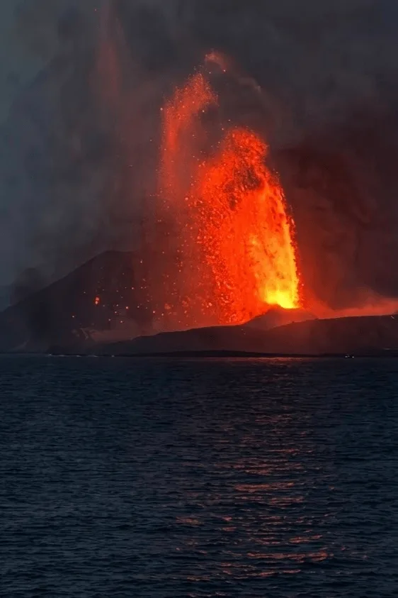 Mount Anak Krakatau continuous eruption and lava fountain, 5 September 2026.jpg · Lava fountain activity during the continuous eruption phase of Anak Krakatau volcano in the Sunda Strait, viewed from surrounding waters in September 2026.
