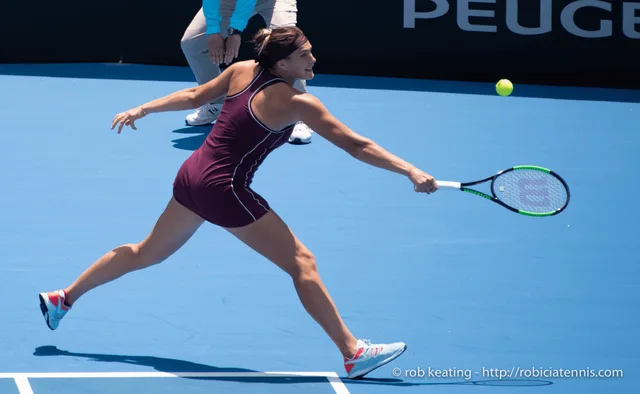 Sydney International Tennis WTA (46190445414).jpg · Sydney, Australia - 8 January 2018: Aryna Sabalenka of Belarus in a round one match at the Sydney International. (Photo by Rob Keating/robiciatennis.com)