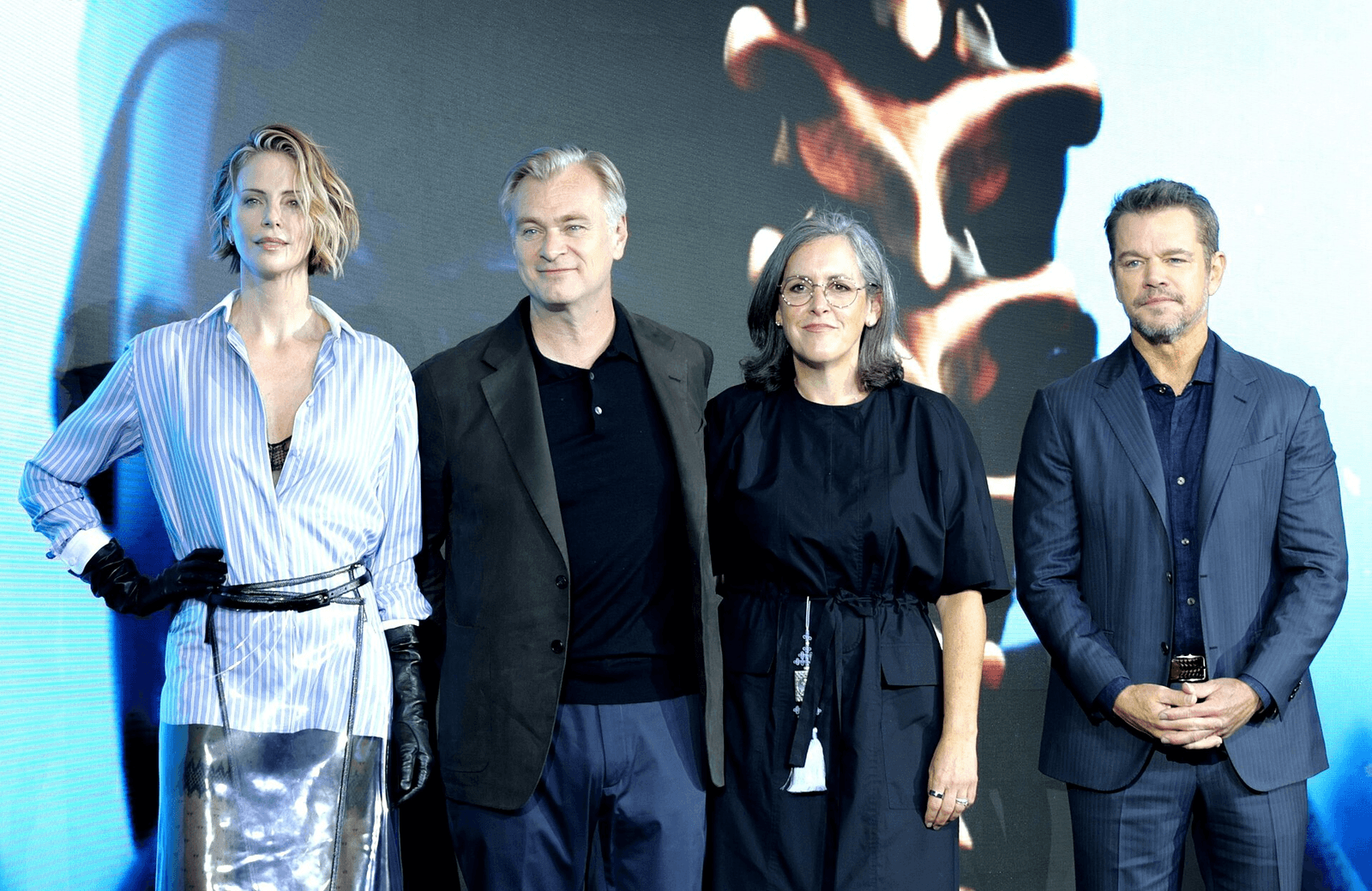 Charlize Theron, Christopher Nolan, Emma Thomas, Matt Damon의 《오디세이》 서울 기자회견 공개 라이선스 이미지